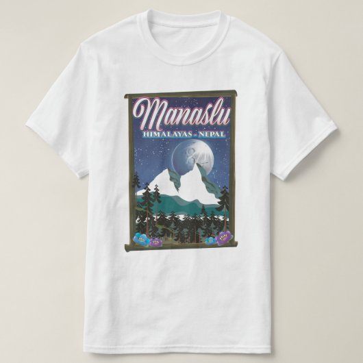 マナスル ヒマラヤ ネパール 旅行ポスターマップ Tシャツ (デザイン正面)
