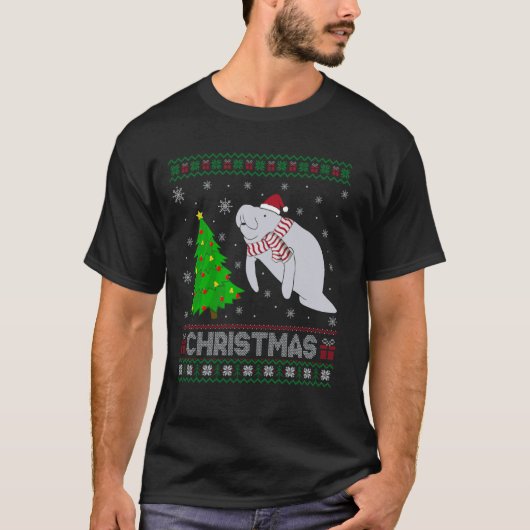 マナティクリスマスツリー照明醜いクリスマスセーター Tシャツ (正面)