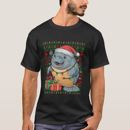 マナティークリスマスライツ醜いサンタハットマナティークリステム Tシャツ (正面)