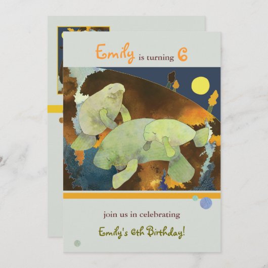 マナティー家族の子供の誕生日のパーティー 招待状 (正面/裏面)