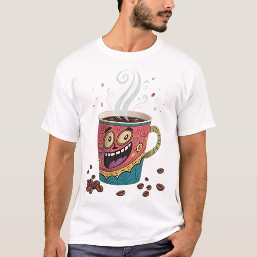 マニアックな表情のコーヒーカップ Tシャツ (正面)