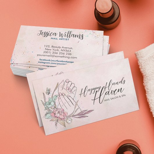 マニキュアの手と花 – 水彩 名刺