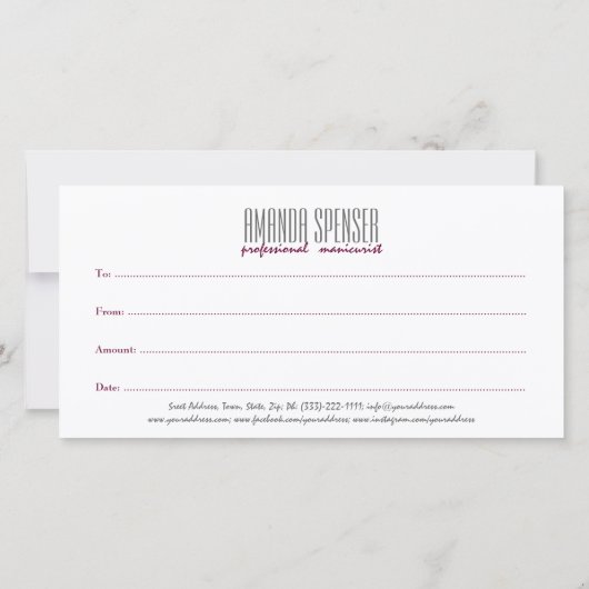 マニキュアネイルサロンギフト証明書シンプル白 サンキューカード (裏面)