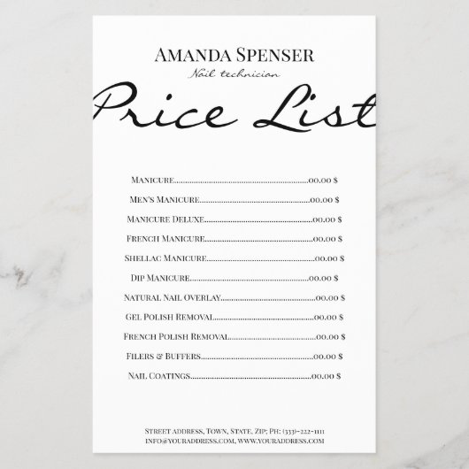 マニキュアネイルサロン価格表シンプルホワイトフライヤー チラシ (正面)
