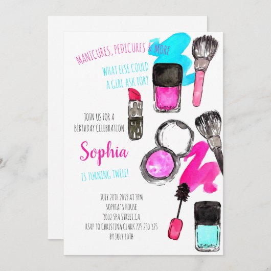 マニキュアマニパディメイクアップガール誕生日 招待状 (正面/裏面)