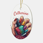 マニキュア鮮やかリストへの贈り物名前をカスタムするクリスマス セラミックオーナメント (左)