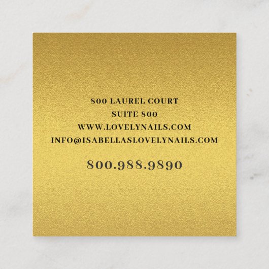 マニキュリストネイルサロンゴールドフォイルハートスクリプト スクエア名刺 (裏面)