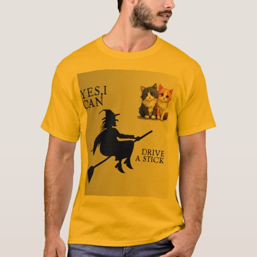 マニュアル車大丈夫です - 笑顔の魔女と可愛い猫 Tシャツ (正面)