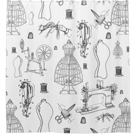 マネキビクトリアンンアンティーク裁縫機 シャワーカーテン (正面)