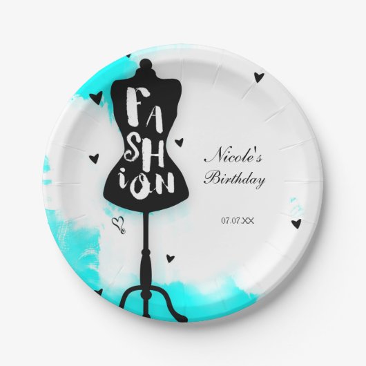 マネキンスタンドファッションアクア&ホワイトハート ペーパープレート (正面)