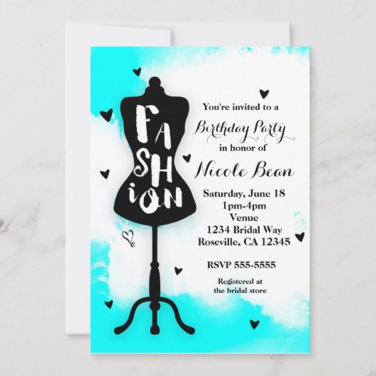 マネキンスタンドファッションアクア&ホワイトハート 招待状 (正面)