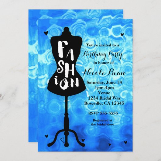 マネキンスタンドヴィンテージレトロブルーファッションパーティー 招待状 (正面/裏面)