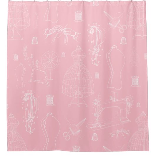 マネキンビクトリアンアンティーク裁縫マシンピンク シャワーカーテン (正面)