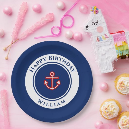 マネ航海のリーネイビーブルーレッドホワイトバースデーパーティー ペーパープレート (パーティー)