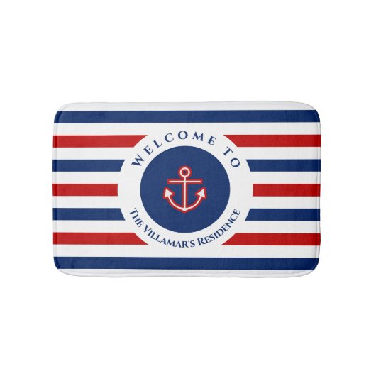 マネ航海のリーネイビーブルーレッド白ストライプ色 バスマット (正面)