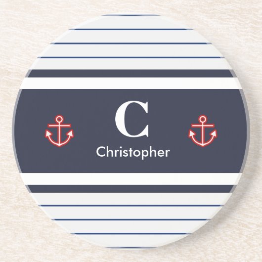 マネ航海のリーネイビーブルー白ストライプ色 コースター (正面)