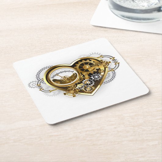 マノメーター付きスチームパンクハート スクエアペーパーコースター (アングル)