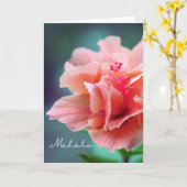 マハロサンキューハワイアンピンクハイビスカスクローズアップ カード (黄色い花)