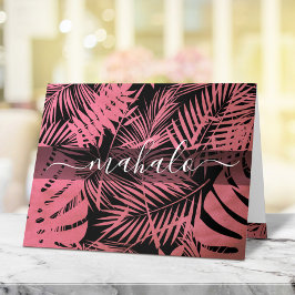 マハローピンクの熱帯のヤシの葉の書道のスクリプト サンキューカード