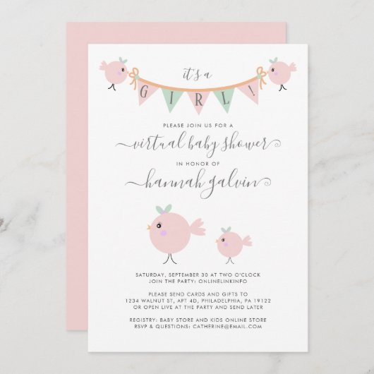 マバードチックピンクバーチャル赤ちゃんガールシャワー 招待状 (正面/裏面)