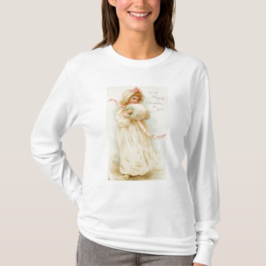 マフを持つ女の子を描写するクリスマスカード Tシャツ (正面)