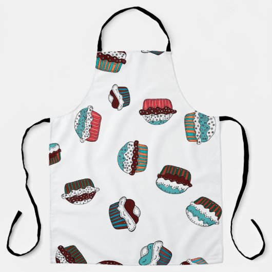 マフィン。ハッピーバースデーカップケーキ背景（白） エプロン (正面)