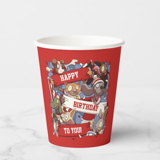 マフラーおもしろいを振る動物の漫画スポーツファン 紙コップ (正面)