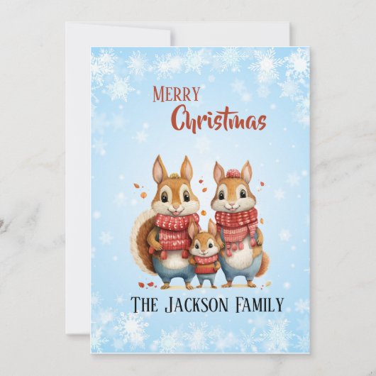 マフラーで温かくした冬のリス一家 シーズンカード (正面)