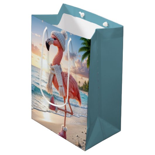 マフラーとピンクのブーツを履いたフラミンゴ ミディアムペーパーバッグ (正面アングル)