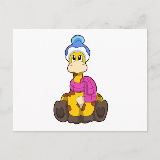 マフラーと帽子をかぶった冬のキリン ポストカード (正面)