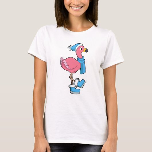 マフラーと帽子を身に着けたフラミンゴ Tシャツ (正面)