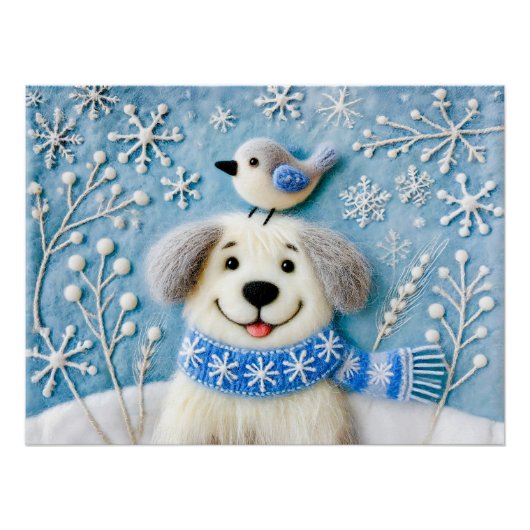 マフラーと鳥の雪のフェルト犬 ポスター (正面)