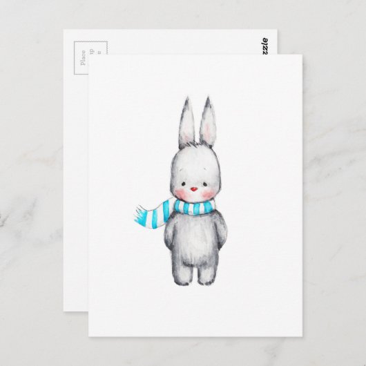 マフラーに包まれたかわいいウサギの絵 ポストカード (正面/裏面)