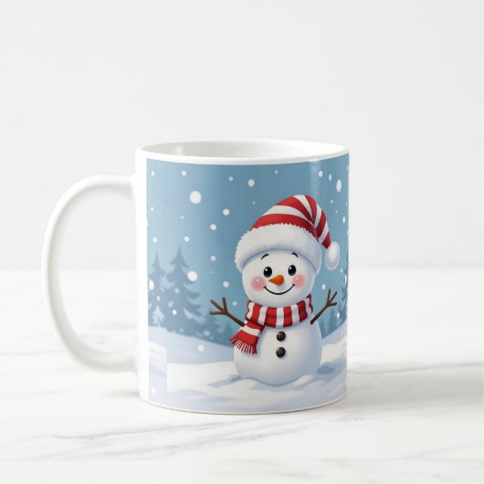 マフラーをしたかわいい雪だるま コーヒーマグカップ (左)
