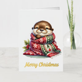 マフラーをしたクリスマスのカワウソ 箔グリーティングカード