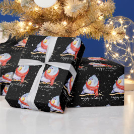 マフラーをしたクリスマス鳥と雪の結晶 ラッピングペーパー