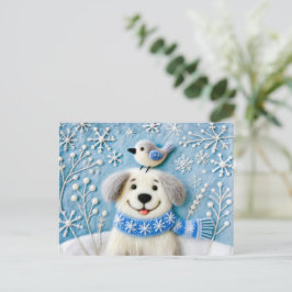 マフラーをしたフェルトの犬と雪と小鳥 ポストカード