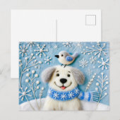 マフラーをしたフェルトの犬と雪と小鳥 ポストカード (正面/裏面)
