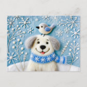 マフラーをしたフェルトの犬と雪と小鳥 ポストカード (正面)