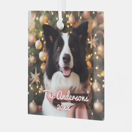 マフ縁どラとクリスマスツリーに入ったコリー ガラスオーナメント (正面左)