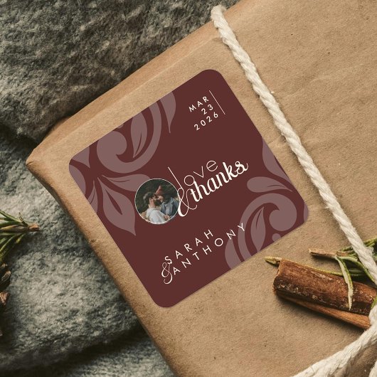 マホガニークラシックレッドエレガントダマスク結婚写真 スクエアシール