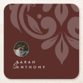 マホガニークラシックレッドミニマルダマスクフォト結婚ズ スクエアペーパーコースター (正面)