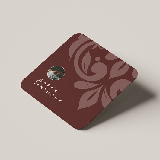 マホガニークラシックレッドミニマルダマスクフォト結婚ズ スクエアペーパーコースター