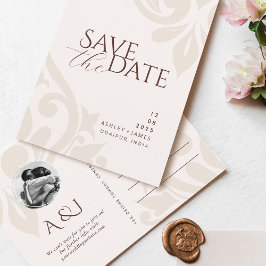 マホガニーレッドアイボリー写真ウェディング日付アンを保存 案内ポストカード