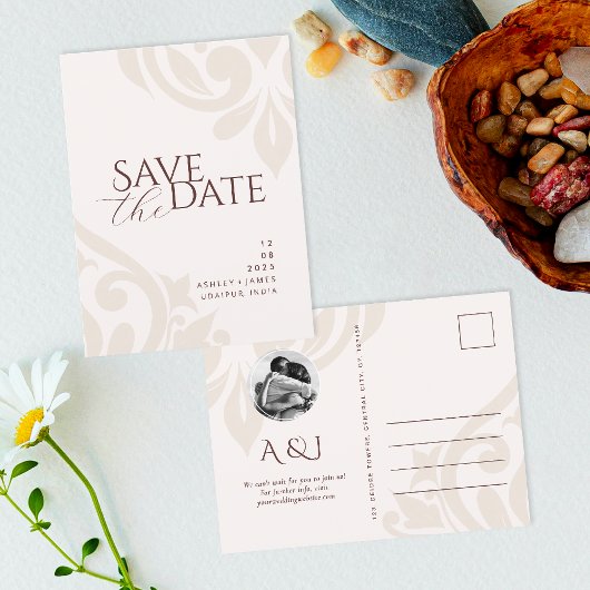 マホガニーレッドアイボリー写真ウェディング日付アンを保存 案内ポストカード