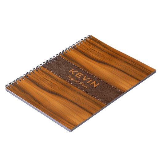 マホガニー木材およびレザーテクスチャモノグラム ノートブック (左側)