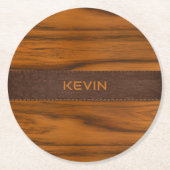 マホガニー木材およびレザーテクスチャモノグラム ラウンドペーパーコースター (正面)