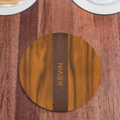 マホガニー木材およびレザーテクスチャモノグラム ラウンドペーパーコースター