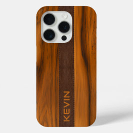 マホガニー木材およびレザーテクスチャモノグラム iPhone 15 PROケース