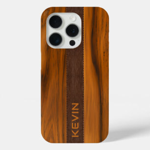 マホガニー木材およびレザーテクスチャモノグラム iPhone 15 PROケース